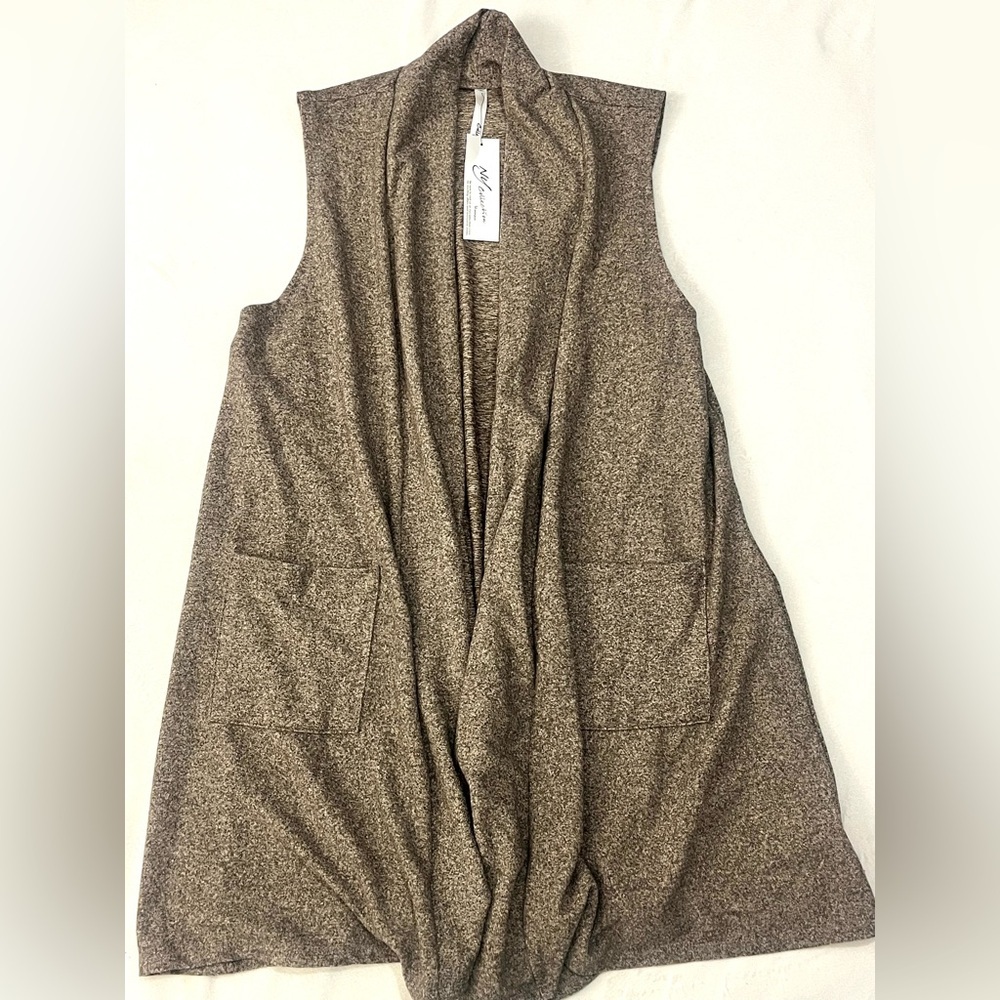 NY Collection Women’s Brown Caribou Color Sleeveless Open Cardigan Size 1X - Picture 2 of 16